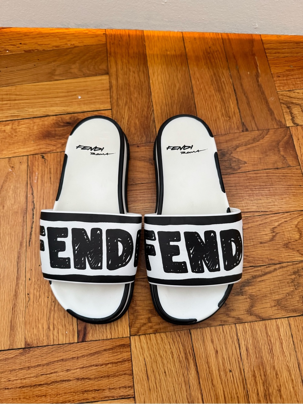 Fendi Black and White Logo Slide Sandals